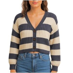Blue Rain Striped Cropped Cardigan Sz Small Blue and Cream Stripes Button Front